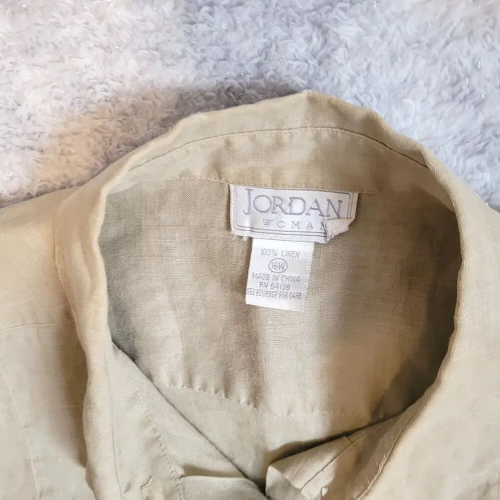Jordan Blouse Women 16W Brown Linen Pockets Adjustable Sleeves Office Travel - Picture 2 of 10